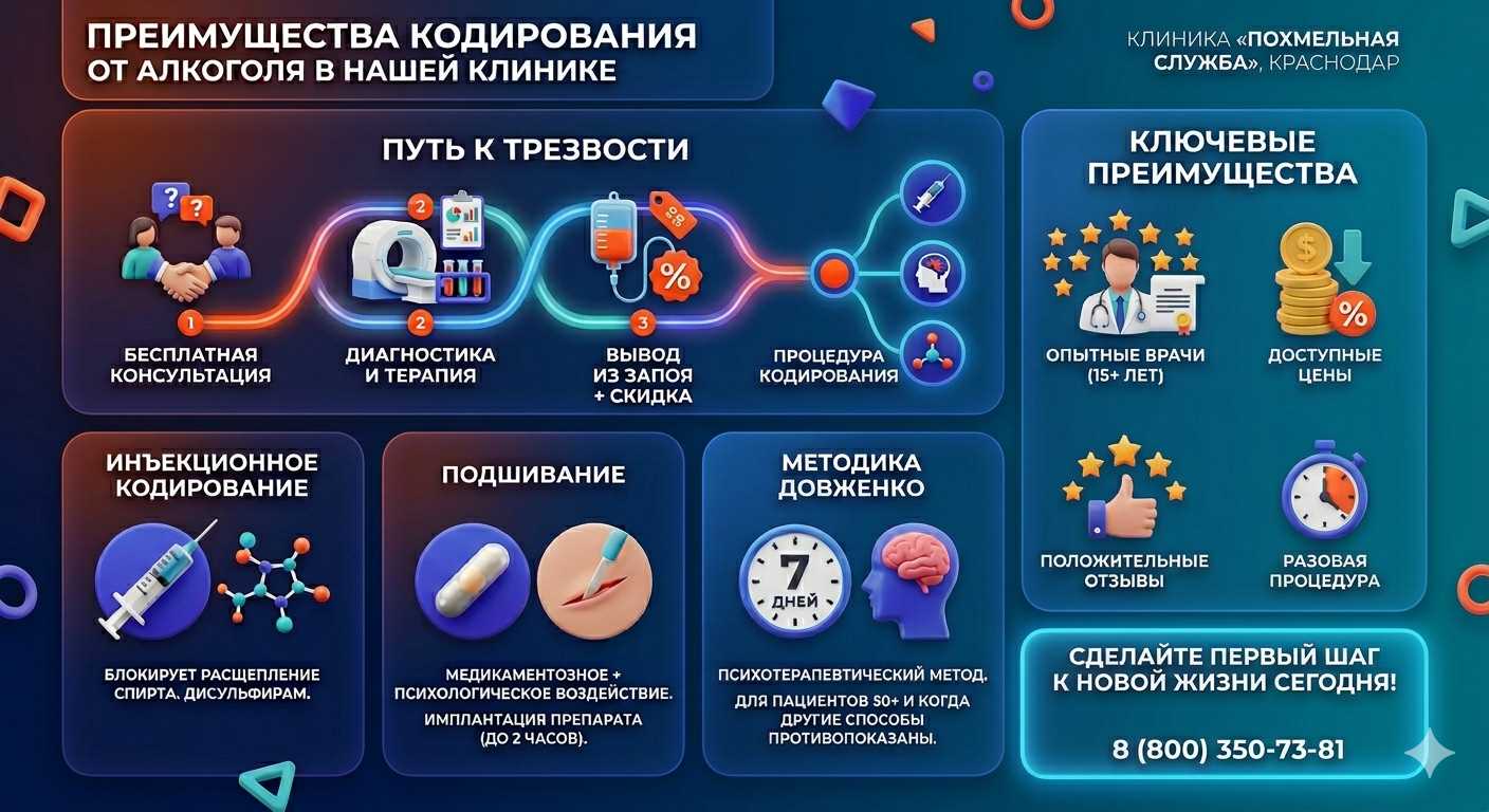Инфографика о методах кодирования от алкоголя в Красноармейске: инъекции, подшивание, метод Довженко. Преимущества клиники и этапы лечения.