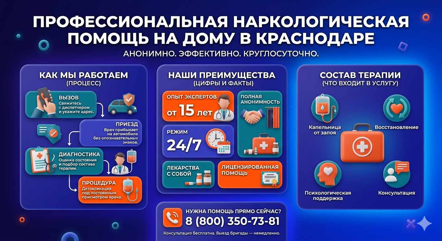 Инфографика о принципах лечения алкоголизма на дому в Красноармейске: этапы вызова нарколога, преимущества анонимной детоксикации и состав медицинской помощи.